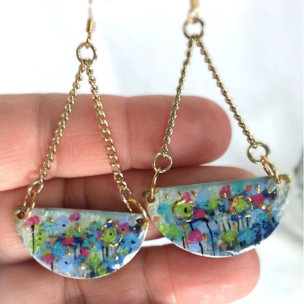 Artisan Crafted Painted Floral Earrings Half Moon Gold Tone Chain Monet Abstract - Picture 9 of 10
